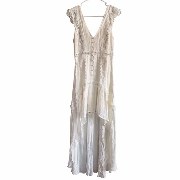 Dresses & Skirts - Here Comes The Sun White Hi-Low Crochet V-Neck Boho Coastal Maxi Dress Small